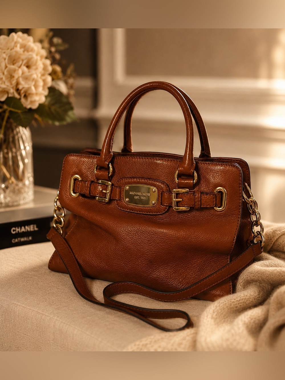 Michael Kors Cognac Leather Hamilton Satchel Crossbody Bag